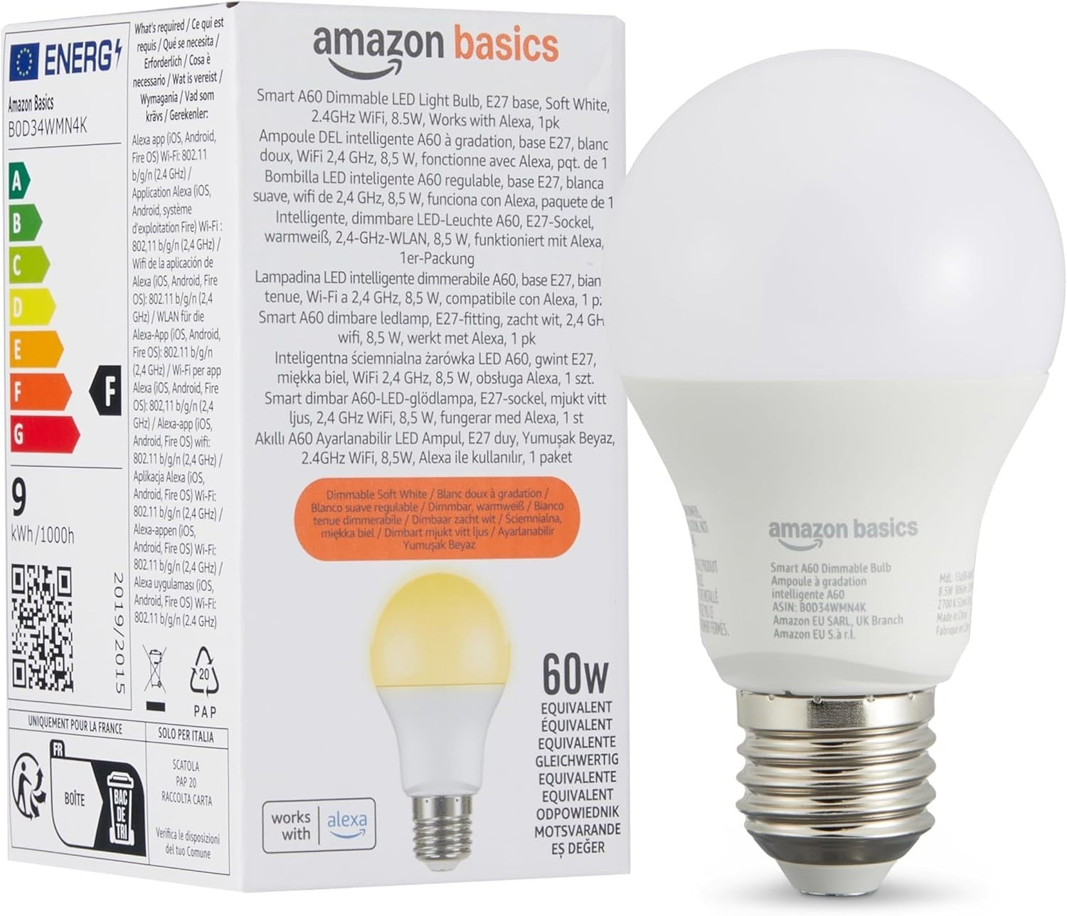 Amazon Basics Smart Dimmable LED Light Bulb E27 Base Soft White 60W Alexa New