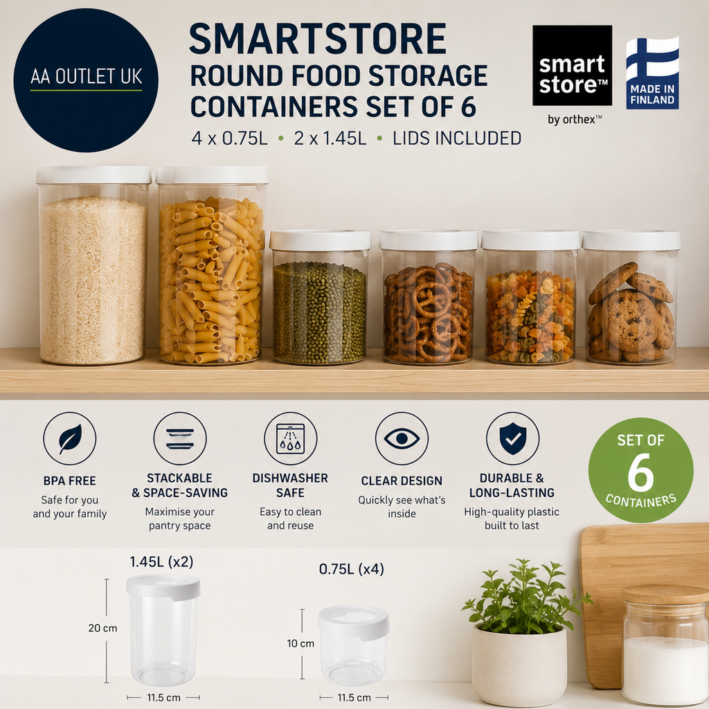 SmartStore Round Food Storage Containers Set 6 Rice Cake Plastic Jars Clear
