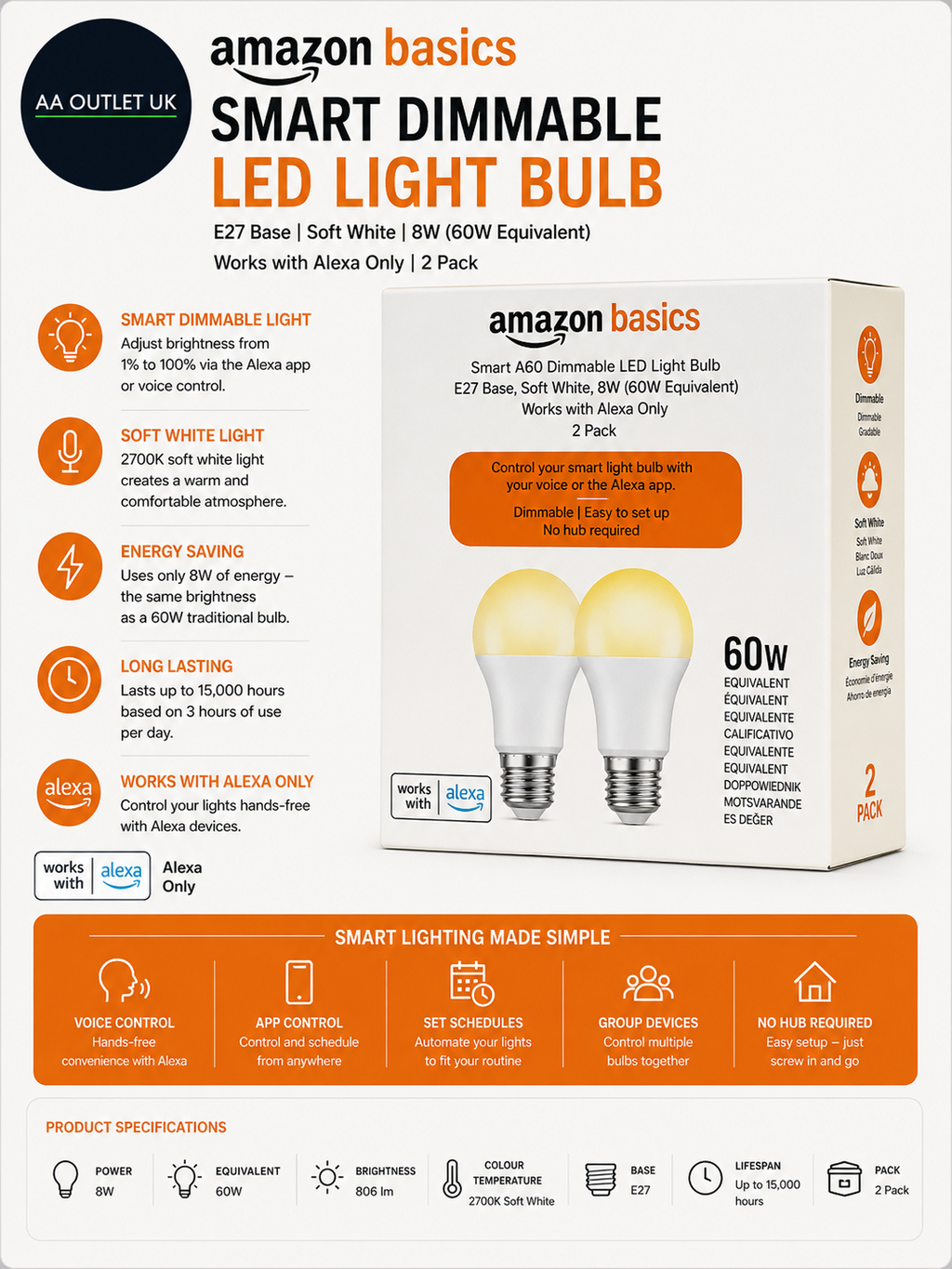 Amazon Basics Smart Dimmable LED Light Bulb E27 Base Soft White 8W 60W New