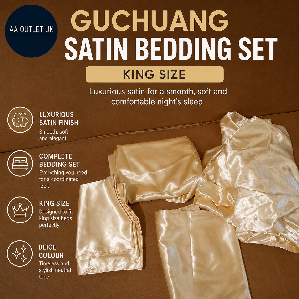 Guchuang Satin Bedding Set Beige King Duvet Cover Sheet Pillowcases Design New