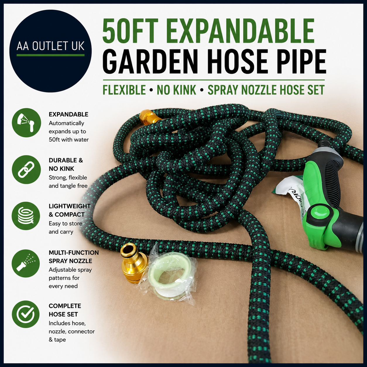50FT Expandable Garden Hose Pipe Flexible No Kink Spray Nozzle Set Green Design