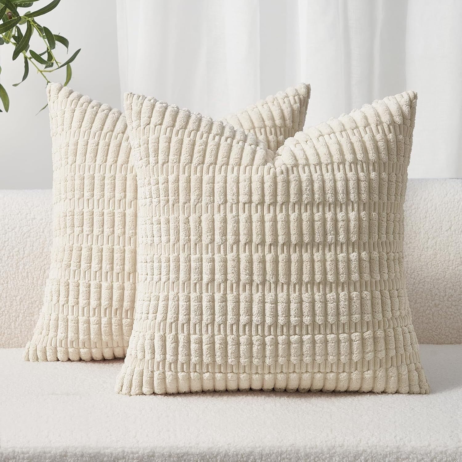 Topfinel Cream Cushion Covers 40cmx40cm Corduroy Decorative 16x16in 2 Pack