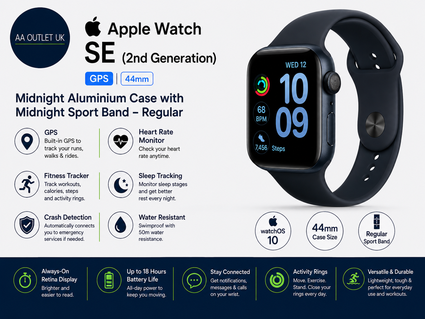 Apple Watch SE 2nd Gen GPS 44mm Smarwatch Midnight Aluminium Case