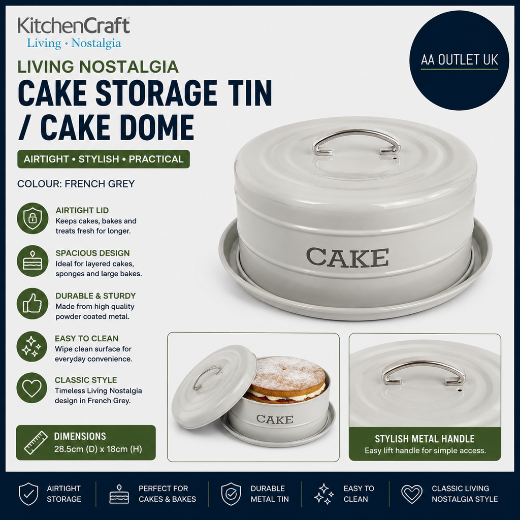 KitchenCraft Living Nostalgia LNCTGRY Airtight Cake Storage Tin Dome 28.5x18cm