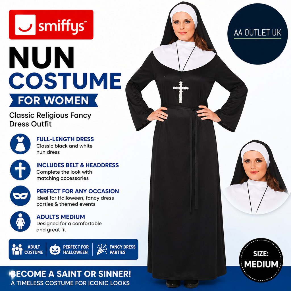 Smiffys Nun Costume For Women Black White Religious Fancy Dress Outfit Medium