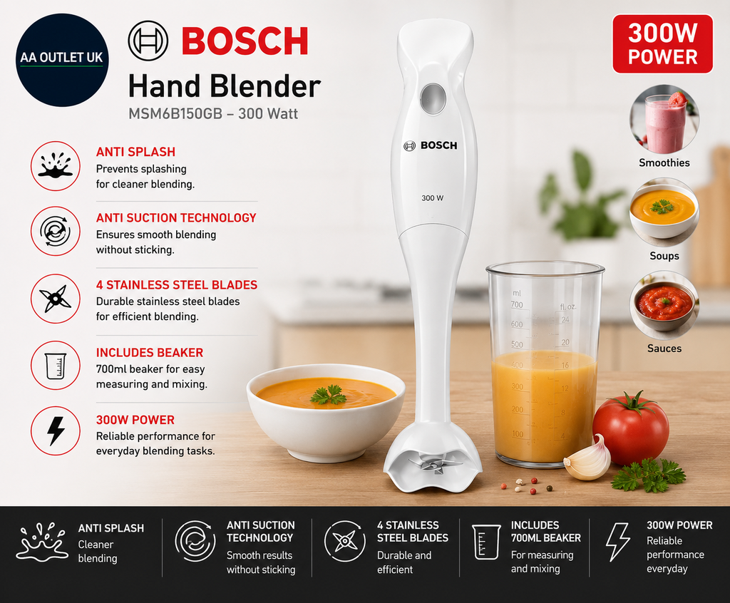 Bosch Hand Blender Beaker MSM6B150GB White 300W 4 Stainless Steel Smoothies