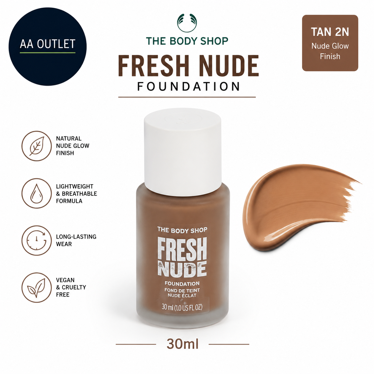 The Body Shop Fresh Nude Foundation 30ml Nude Glow Finish Tan 2N