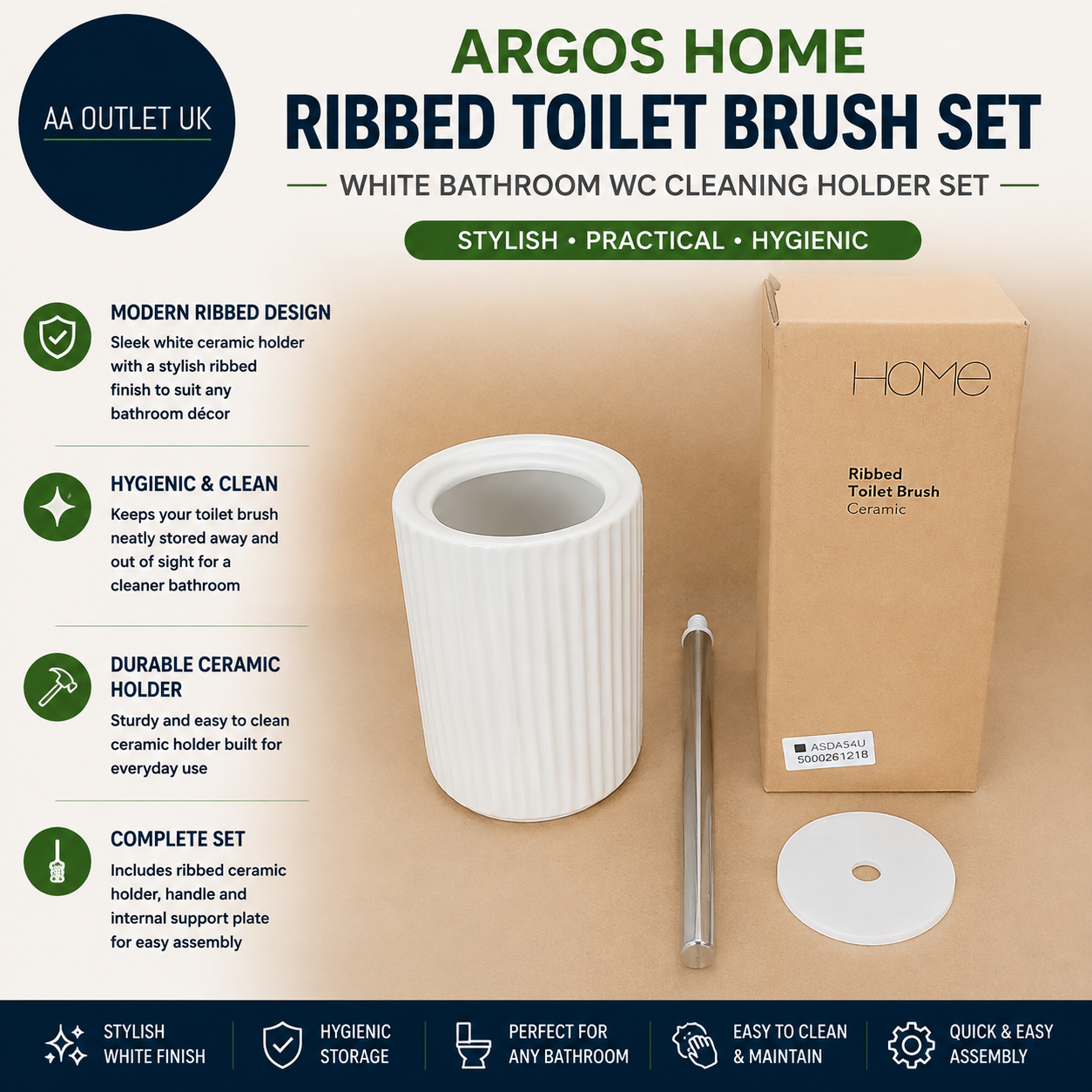 Argos Home Ribbed Toilet Brush White Bathroom WC Cleaning Holder Set Design