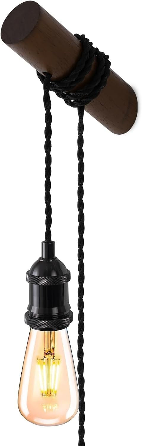 Wooden Industrial Plug In Wall Light 2.8m Twisted Braided E27 Lamp Holder Fit