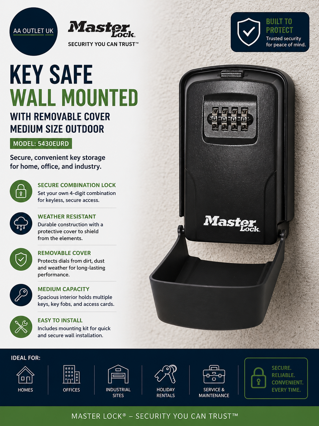 Master Lock Key Safe Wall Mounted Removeable Cover Medium Size Outdoor Mounting