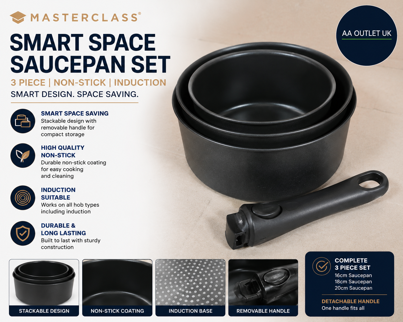 MasterClass Smart Space 3 Piece Non Stick Induction Saucepan Set Grey