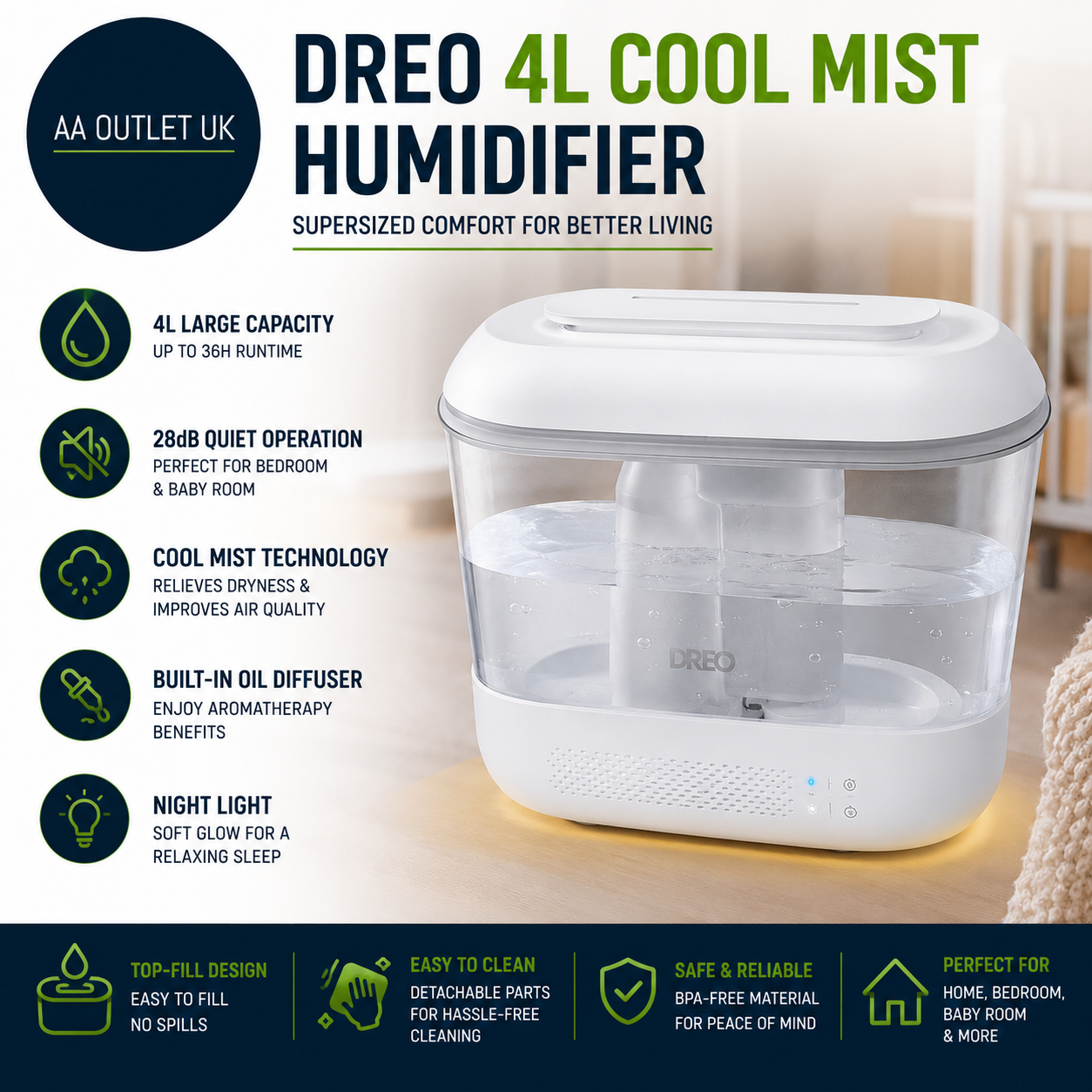 Dreo Humidifier Bedroom Baby 4L Cool Mist Supersized Home 28 dB Quiet Air White