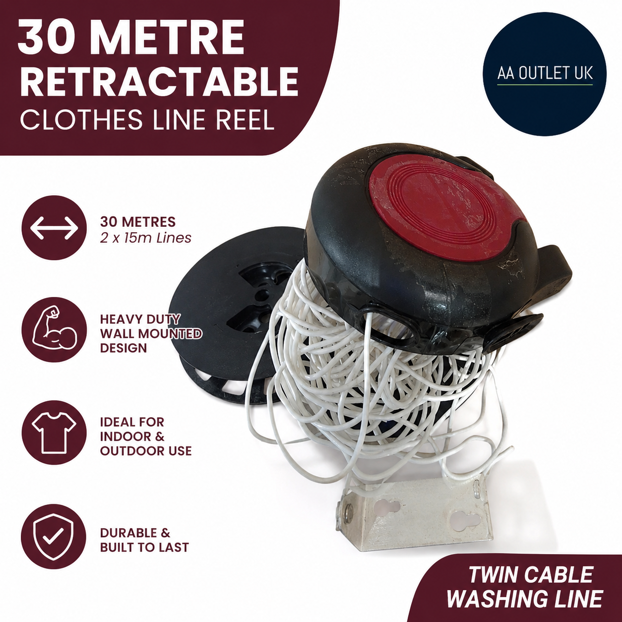 Ram 30m Retractable Reel Clothes Lines Washing Line Twin Cable Mounted
