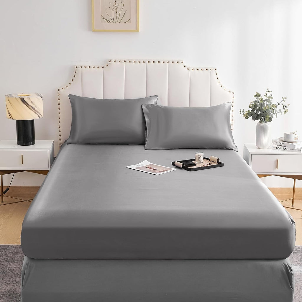 DuShow Satin Fitted Sheet Silky Deep Pocket Bed Sheets Breathable Double New