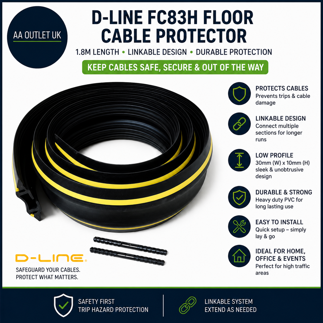 D-Line FC83H Floor Cable Protector 1.8m Linkable 30x10mm Black Yellow Design