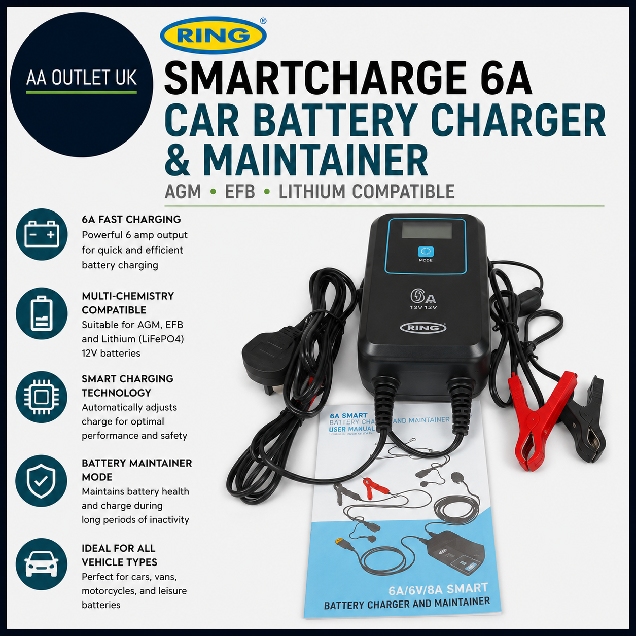 Ring SmartCharge 6A Car Battery Charger Maintainer AGM EFB Lithium Design