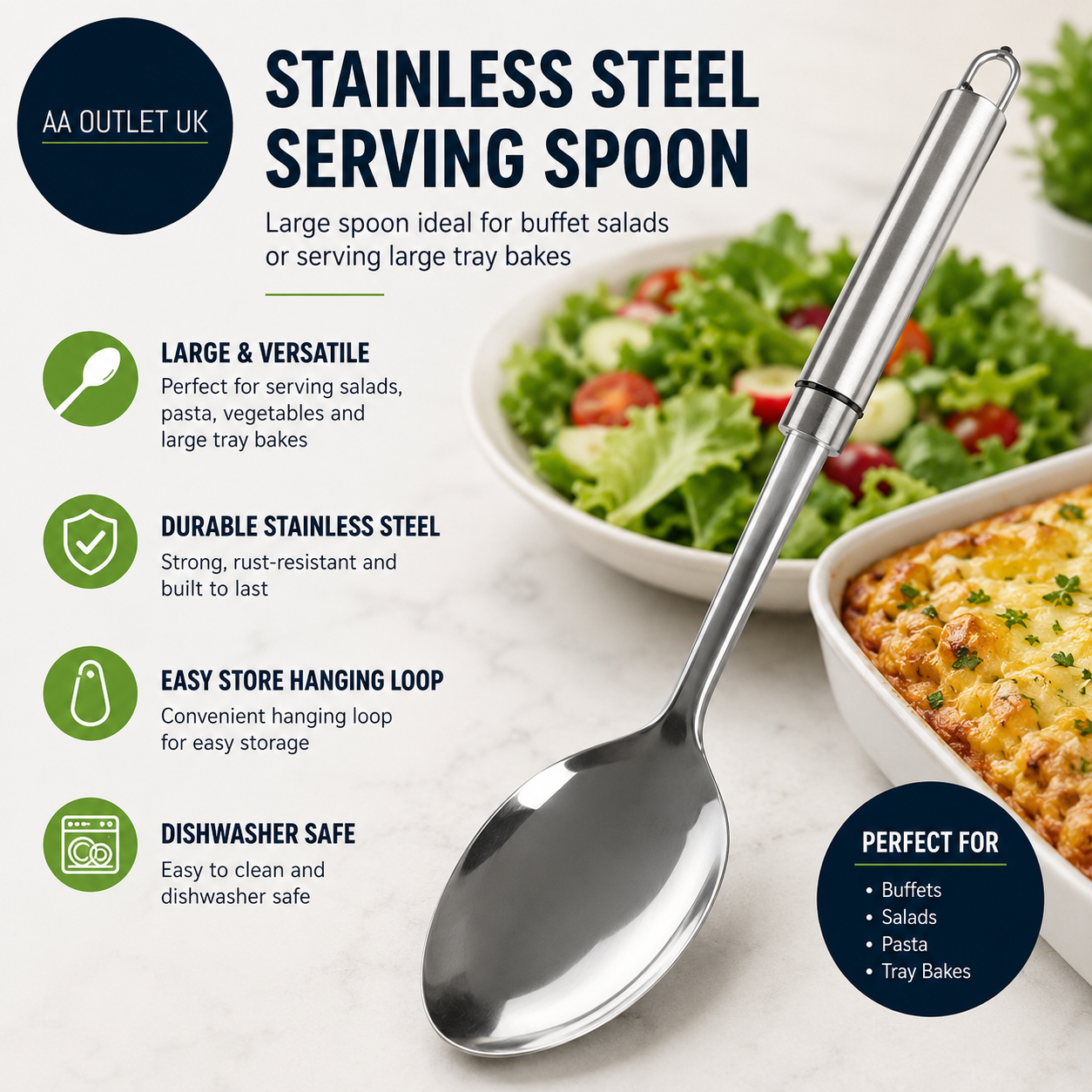 Chef Aid Stainless Steel Serving Spoon Large Spoon Ideal Buffet Salads Silver