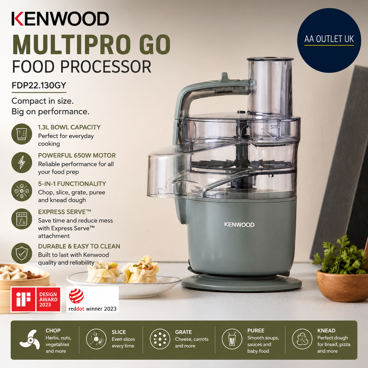 Kenwood MultiPro Go FDP22.130GY Food Processor Chopping Slicing Grating 650W