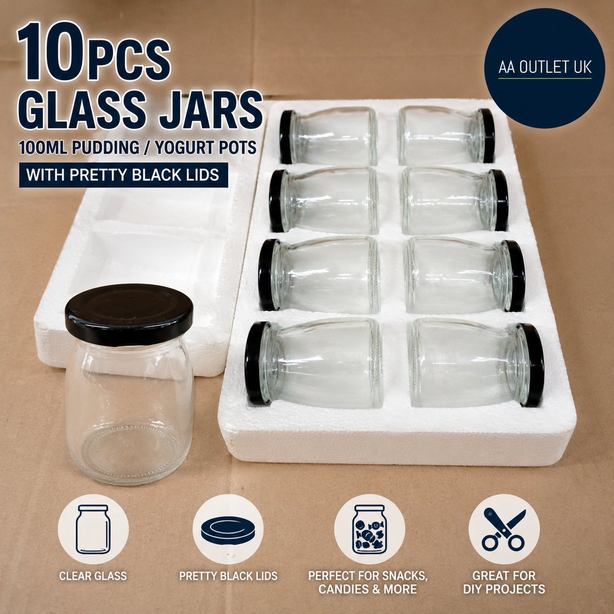 ASelected 10 Pieces Clear Glass Bottles Pretty Black Lids 100 Ml Pudding Yogurt