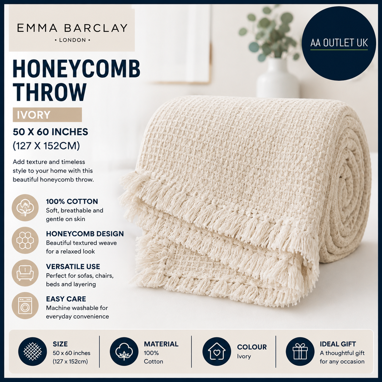Emma Barclay Honeycomb Throw Ivory 100% Cotton 127x152cm Qiult Style