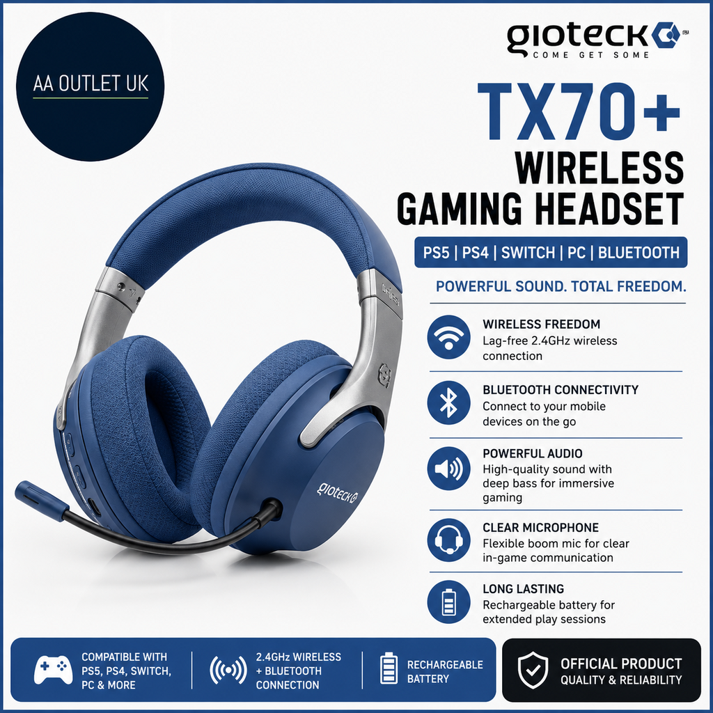 Gioteck TX70+ Wireless Gaming Headset PS5 PS4 Switch PC Bluetooth Blue New