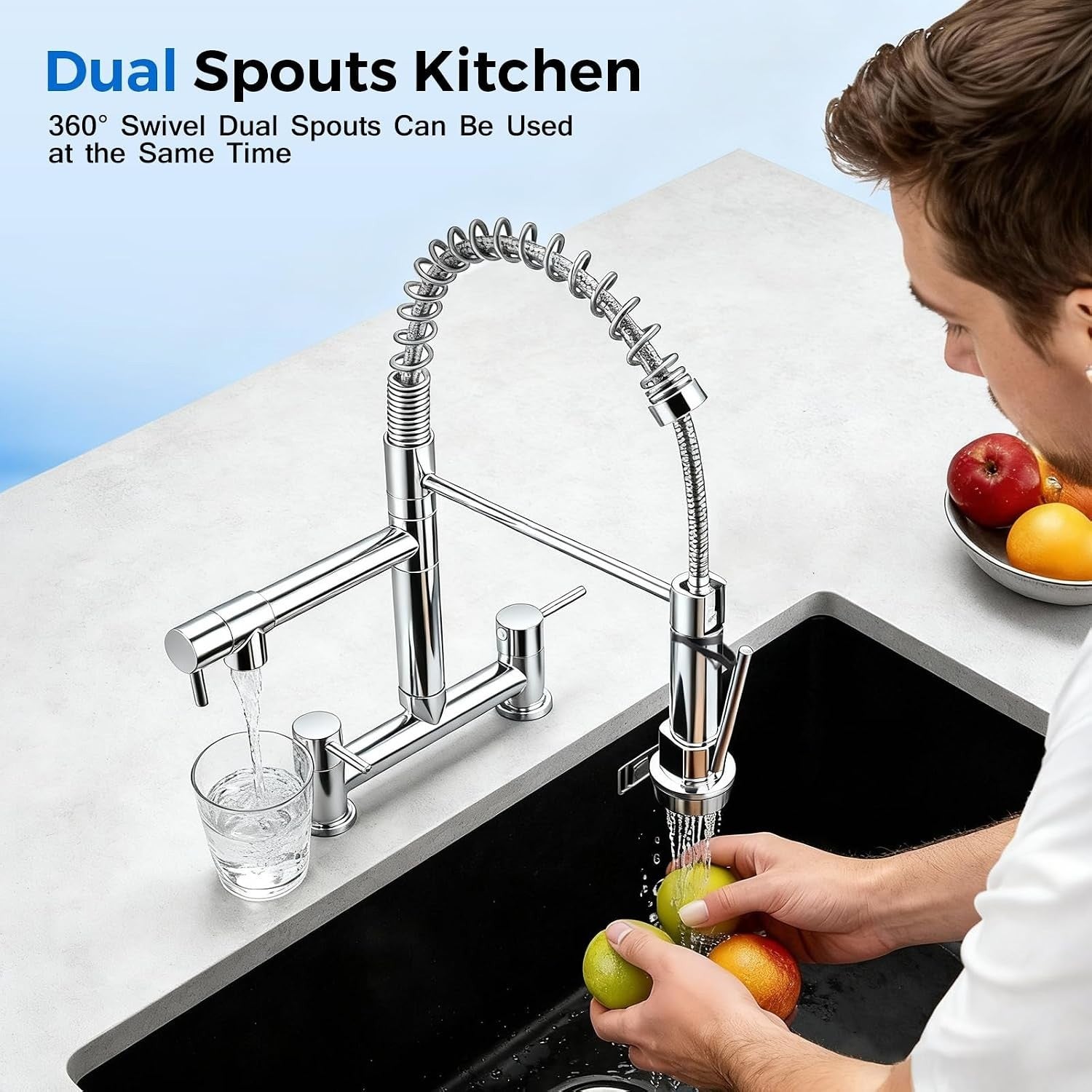 2 Hole Bridge Kitchen Mixer Tap Dual Lever Sink Faucet With 360 Swivel New