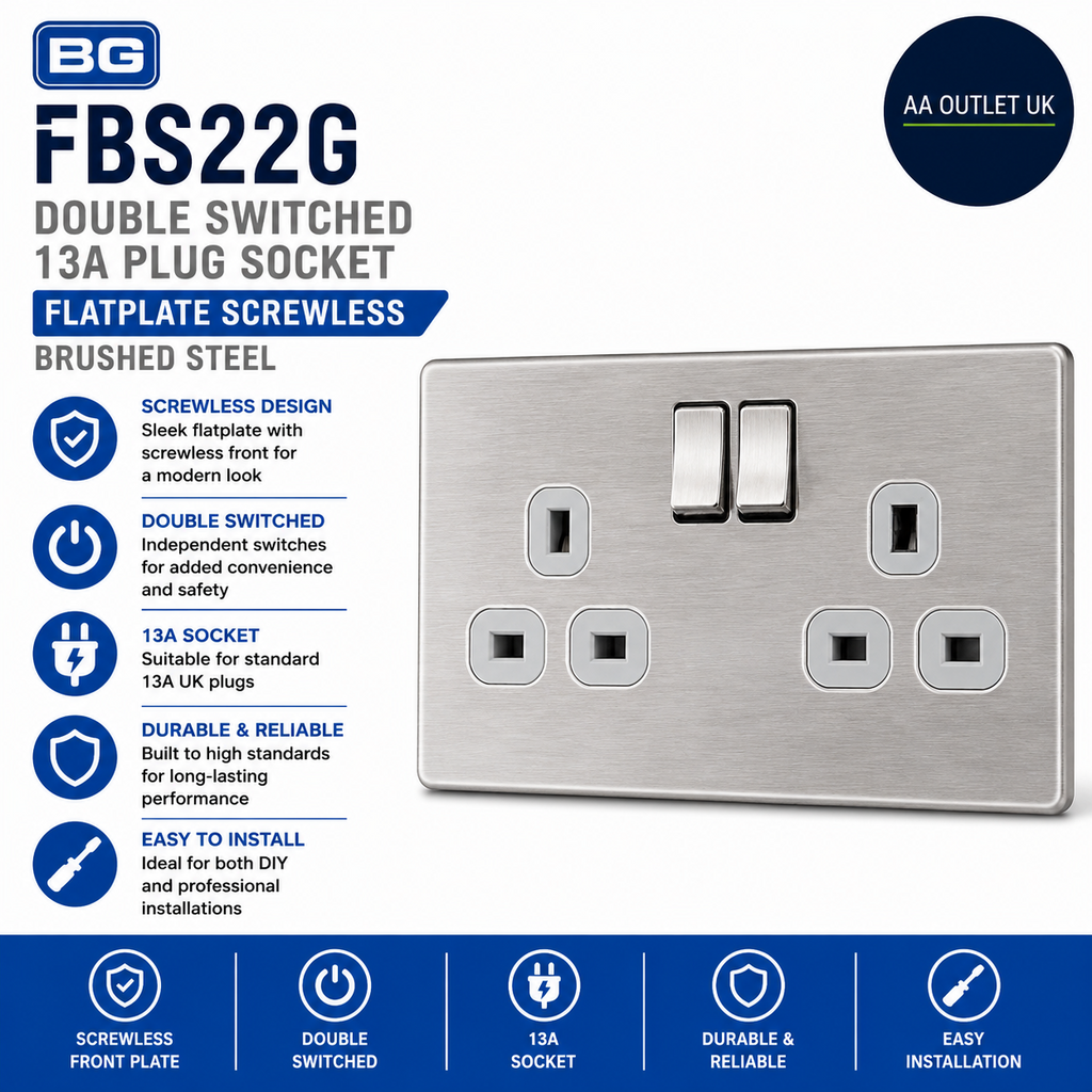BG FBS22G Double Switched 13A Plug Socket Flatplate Screwless Brushed Steel