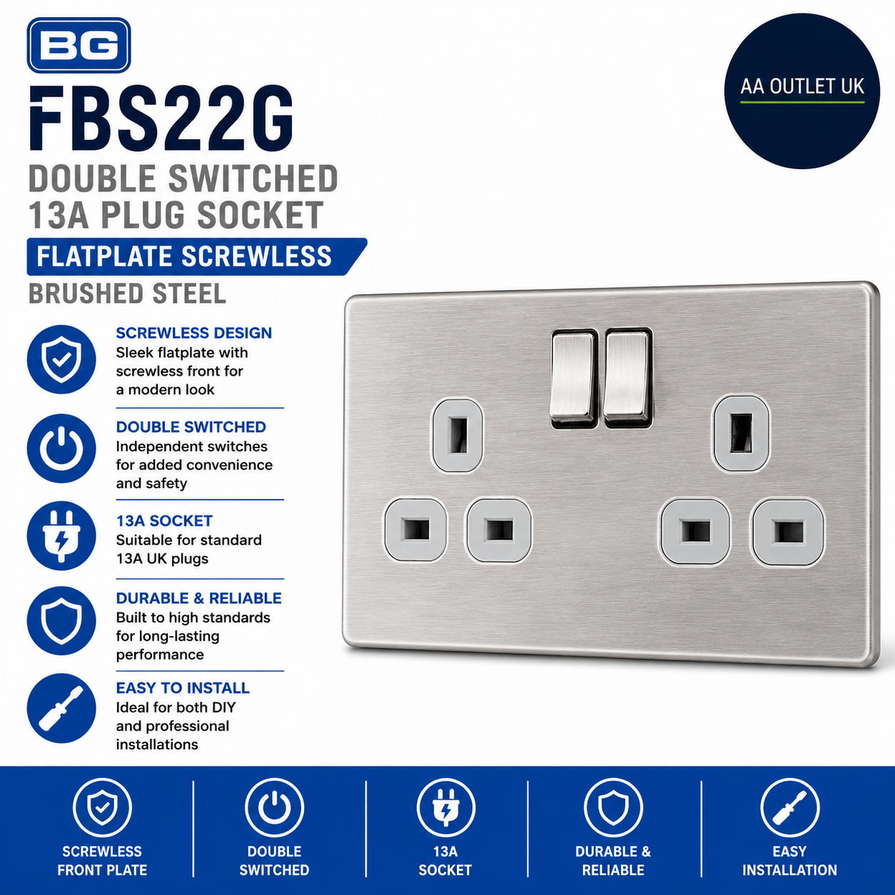 BG FBS22G Double Switched 13A Plug Socket Flatplate Screwless Brushed Steel
