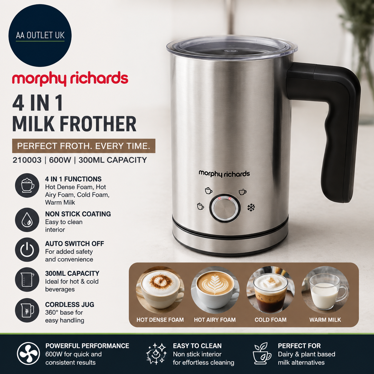 Morphy Richards Milk Frother 600W Electric 4 In 1 Non Stick Coating 210003