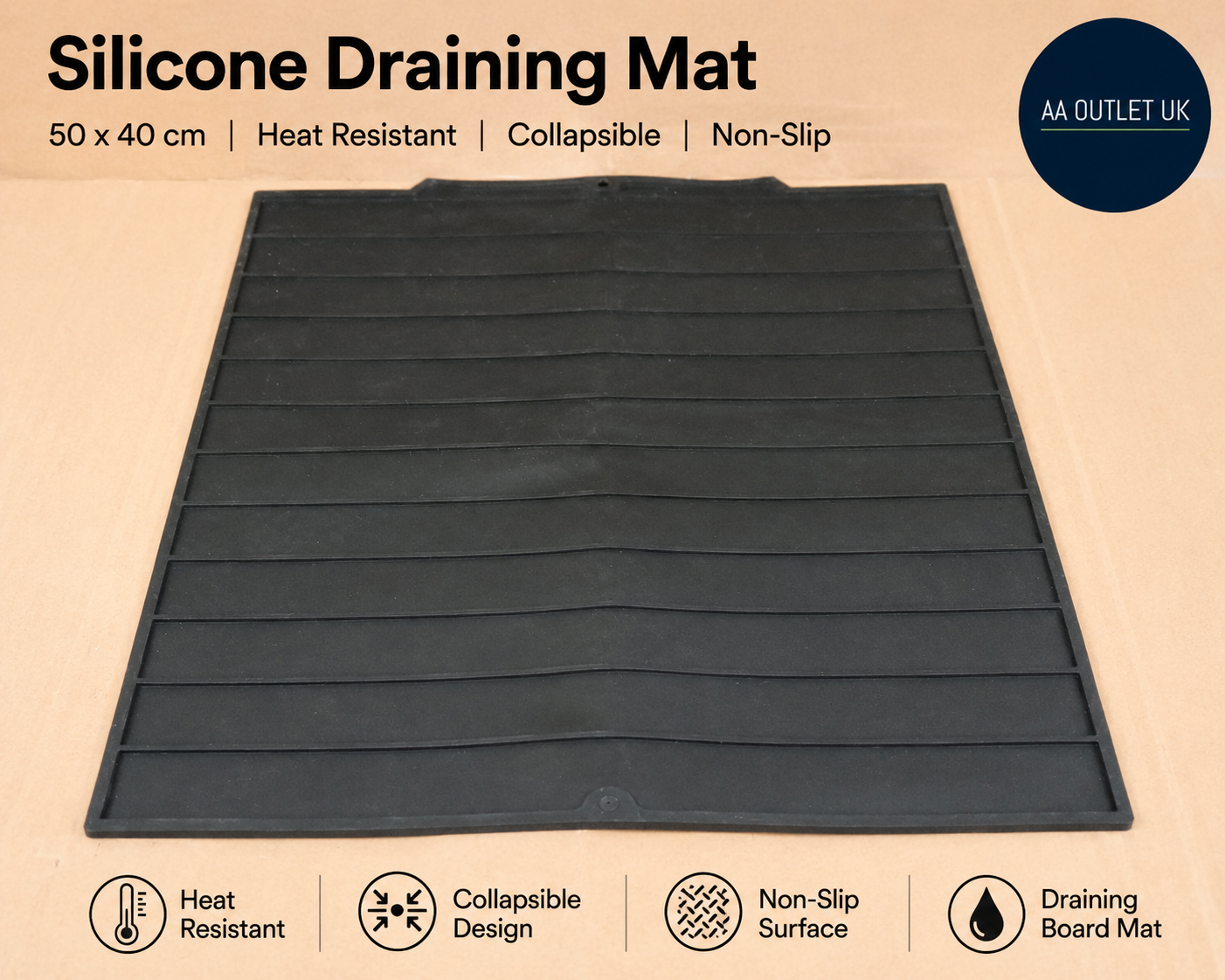 Silicone Draining Drying Mat 50x40cm Board Heat Resistant Collapsible Black