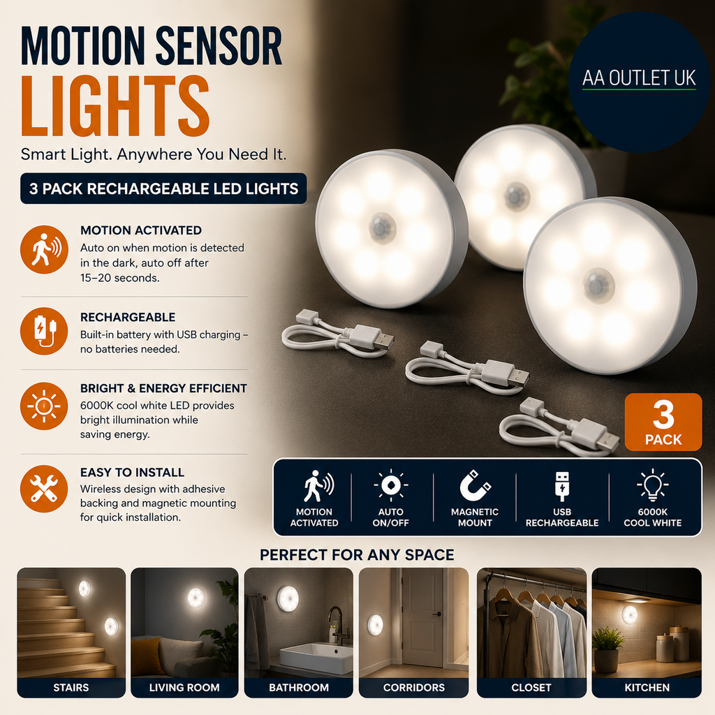 Motion Sensor Lights Indoor Rechargeable Wireless Wall LED Stair Night 3pc