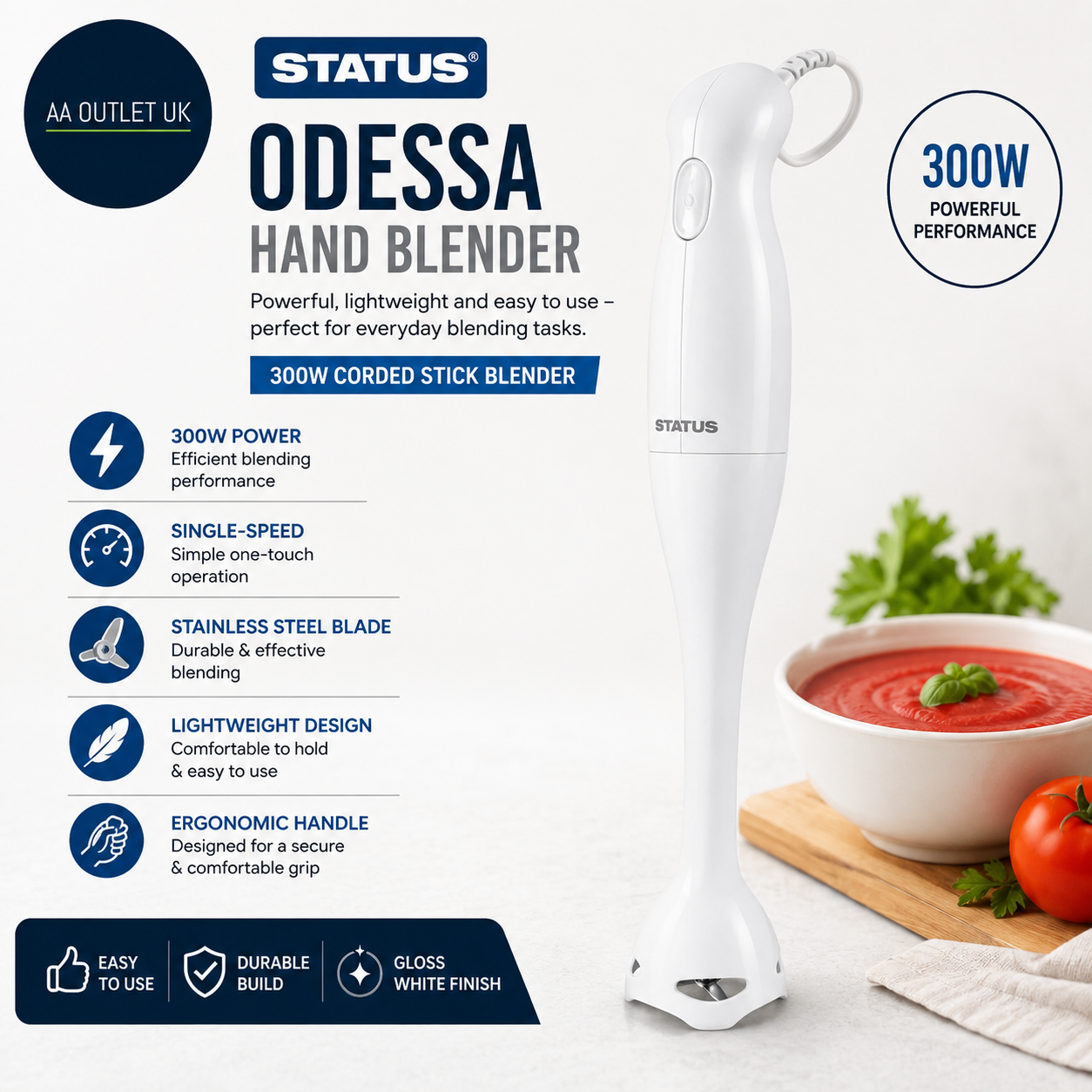 Status Odessa Hand Blender 300W Corded Stick Single Speed Settings ODESSA1PKB4