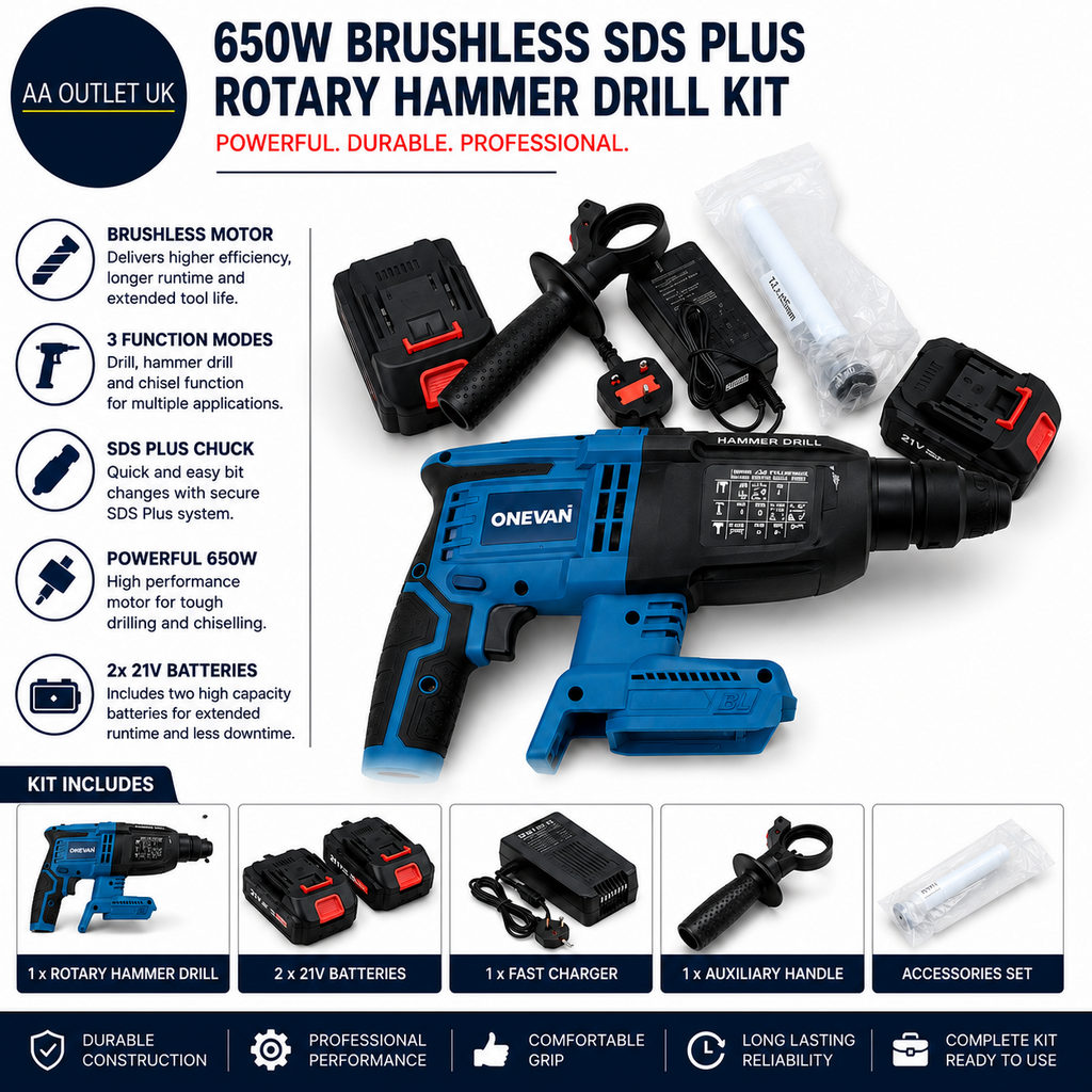 650W Brushless SDS Plus Rotary Hammer Drill Kit 2 Batteries Accessories Design