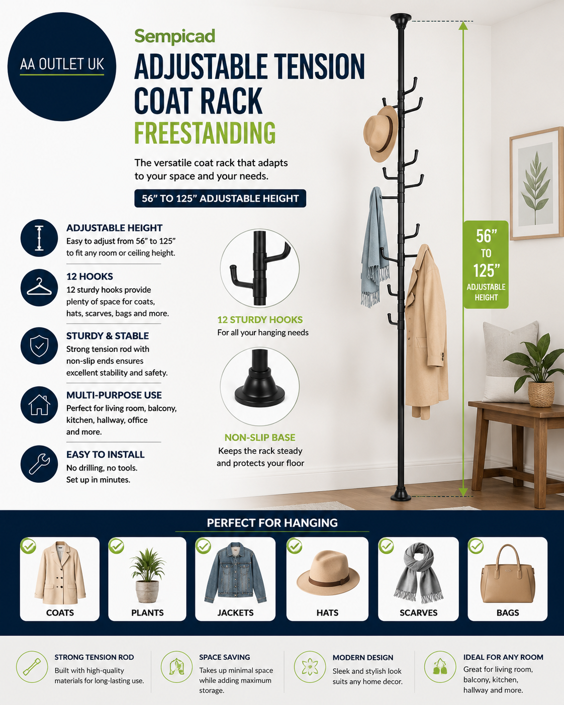 Sempicad Coat Rack Freestanding 56 to 125inch Adjustable Tension Rod Hanger