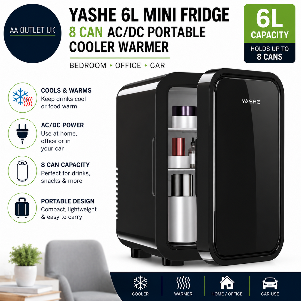 YASHE 6L Mini Fridge 8 Can AC DC Portable Cooler Warmer Bedroom Office Car