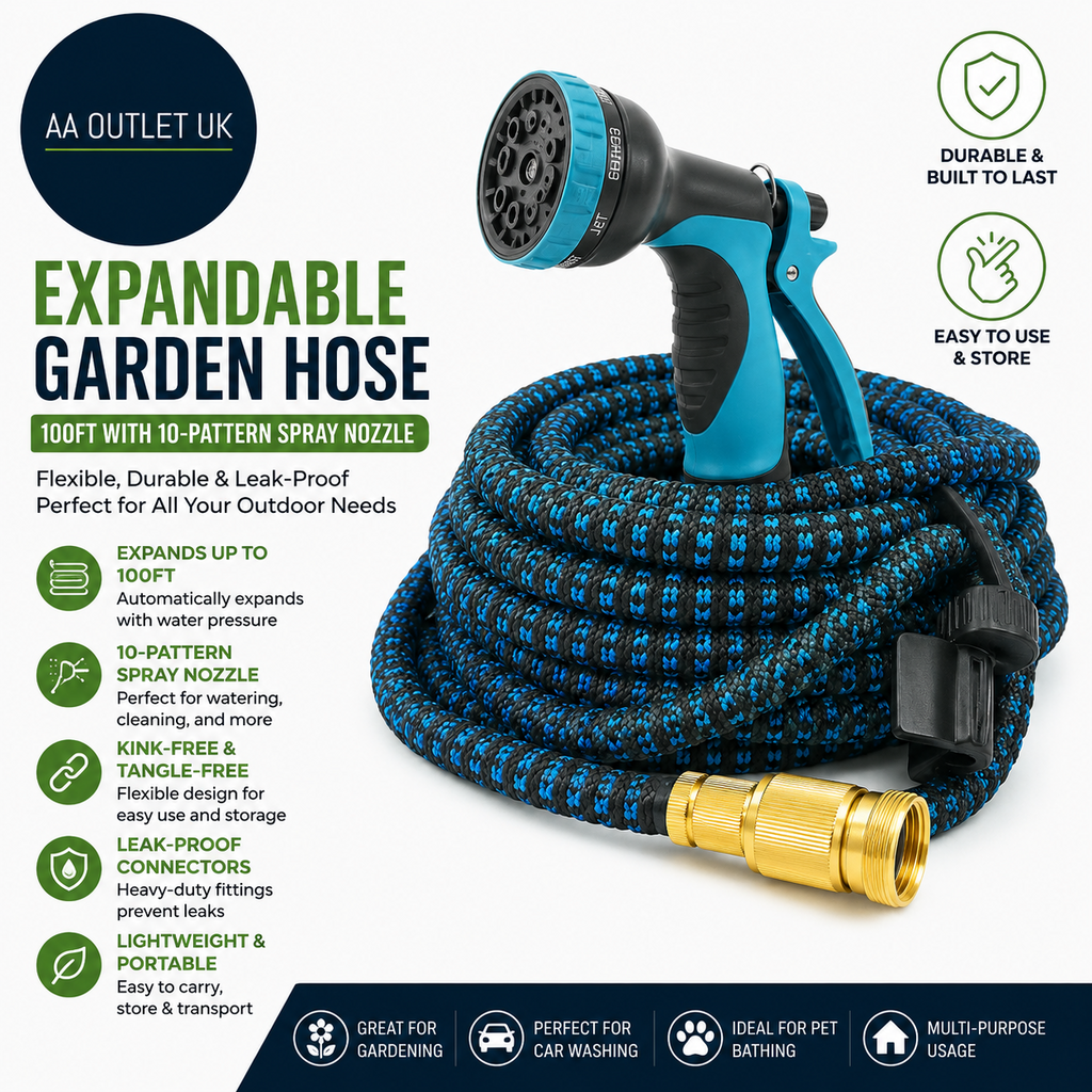 Expandable Garden Hose Pipe 100ft 10 Pattern Spray Nozzle Retractable Gardening