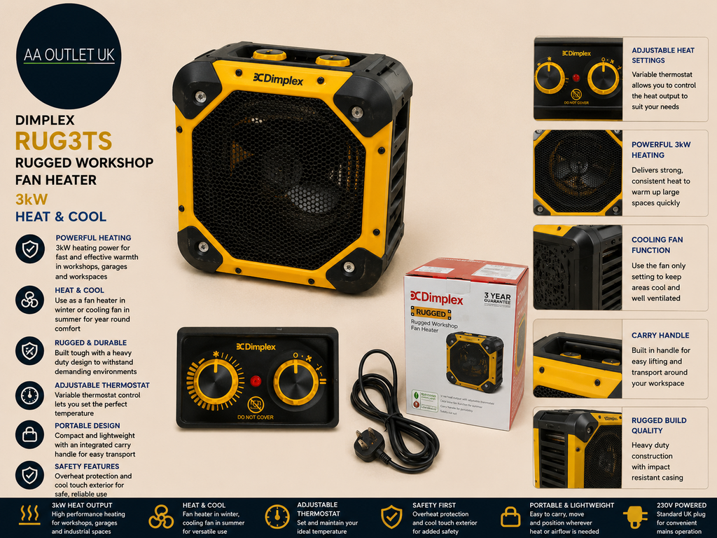 Dimplex RUG3TS 3kW Fan Heater Cooling Workshop Black Yellow Design Heavy Duty