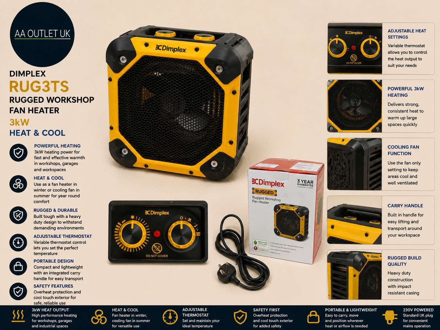 Dimplex RUG3TS 3kW Fan Heater Cooling Workshop Black Yellow Design Heavy Duty
