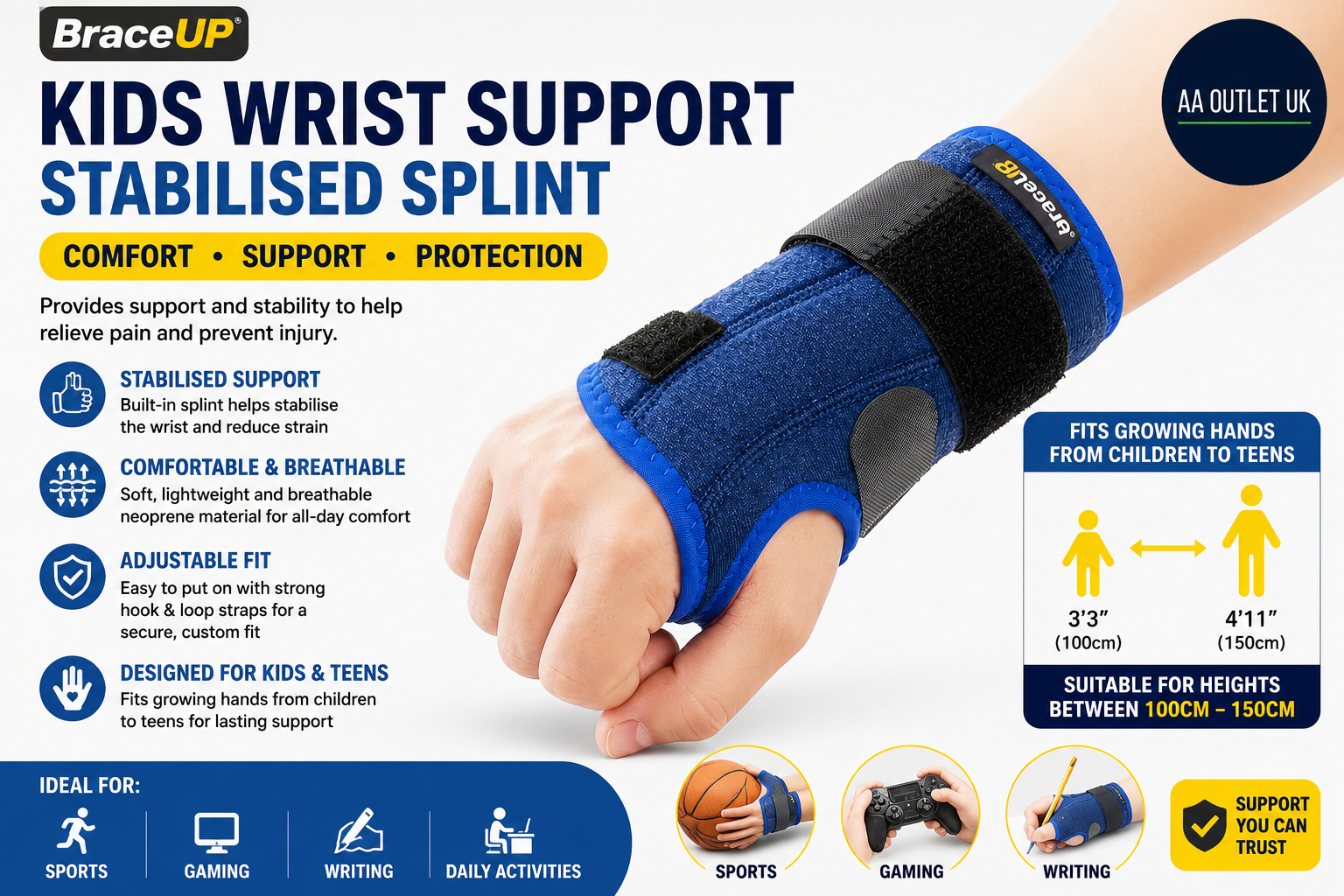 BraceUP Kids Wrist Support Stabilised Splint Right Hand Height 100 150cm Design