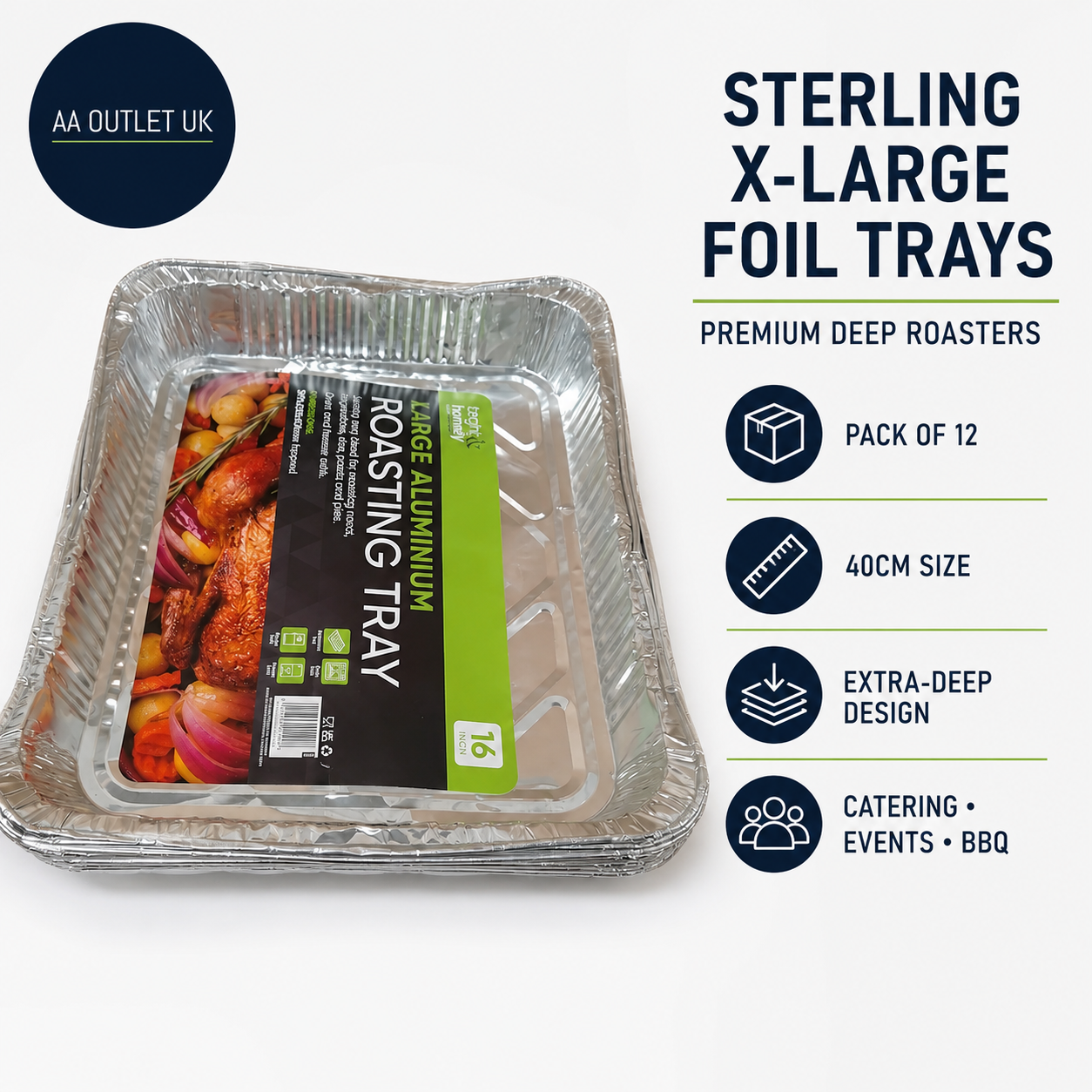 Sterling XL Aluminium Foil Trays 40cm Premium Deep Roasters For Events Silver