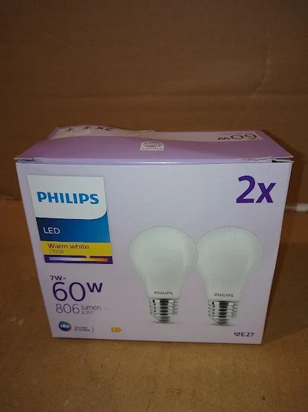 Philips LED Frosted A60 Light Bulb 2 Pack Warm White 2700K E27 Edison Screw