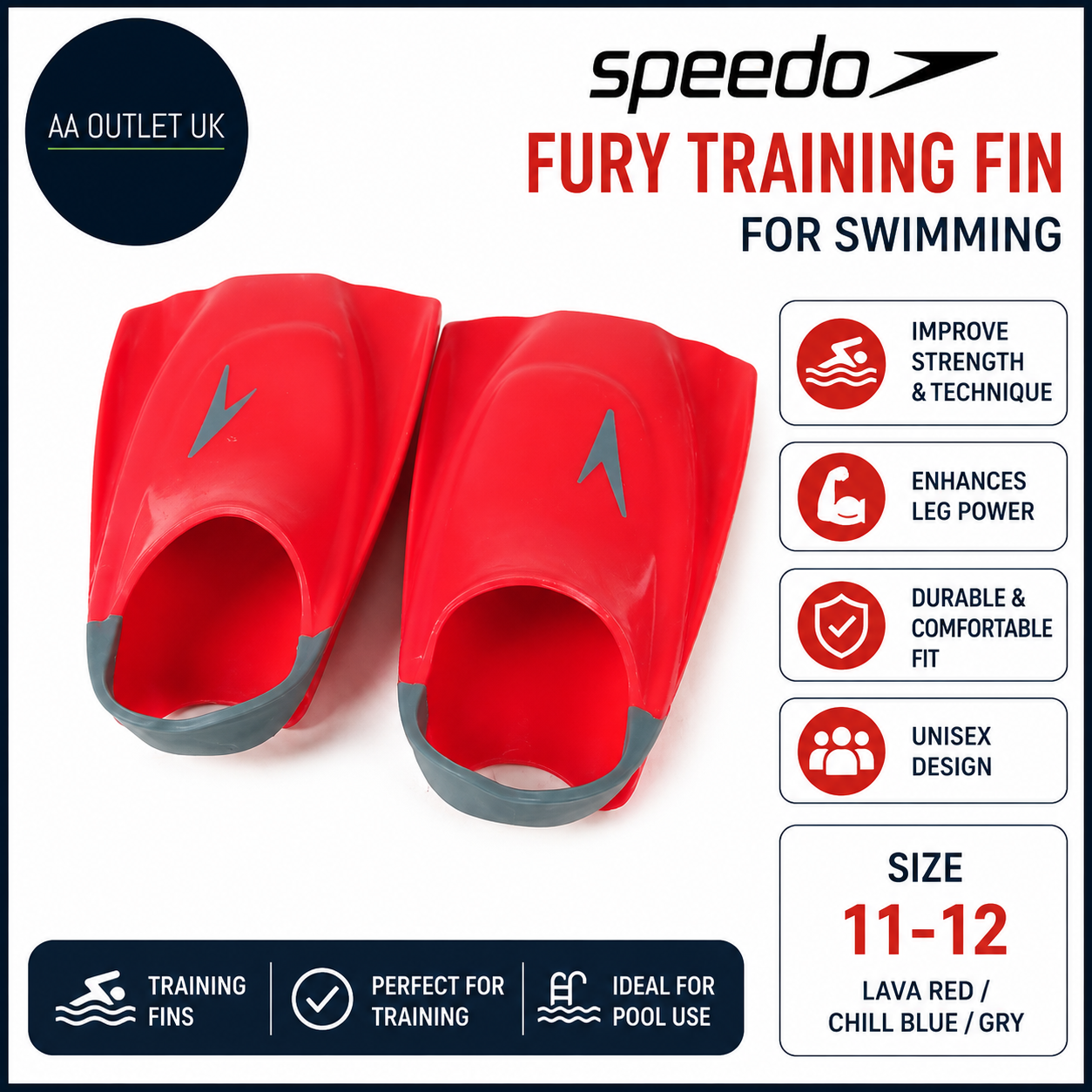 Speedo Unisex Adult Fury Training Fin For Swimming Training Lava Red 11-12