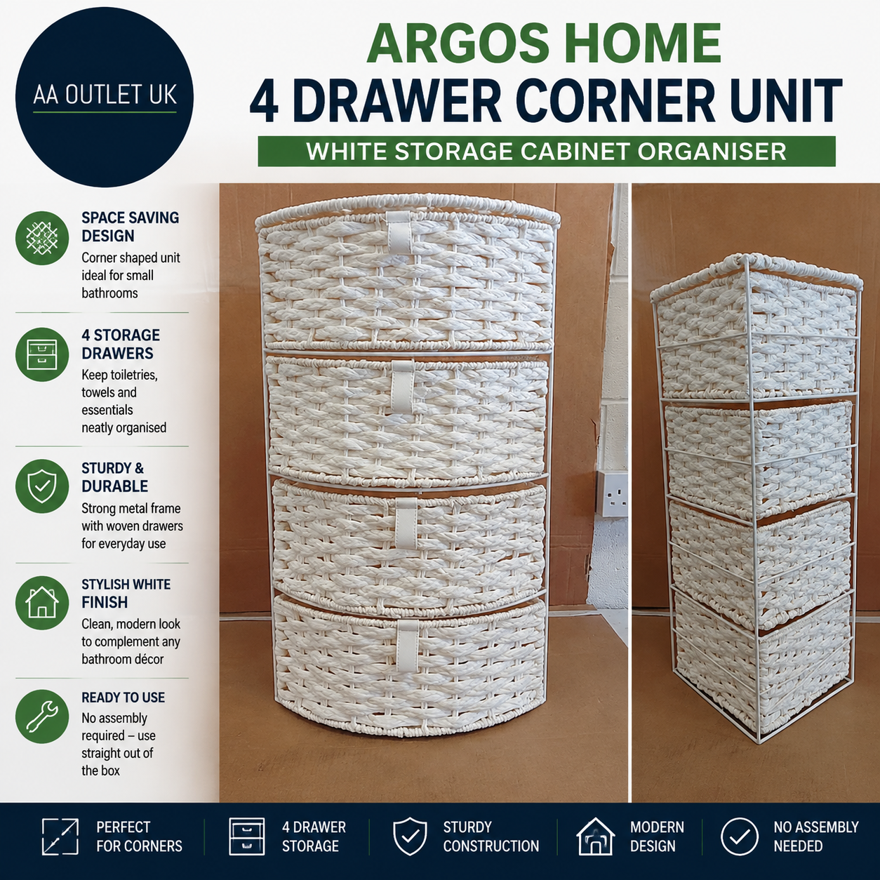 Argos Home 4 Drawer Bathroom Corner Unit White Storage Cabinet Organiser
