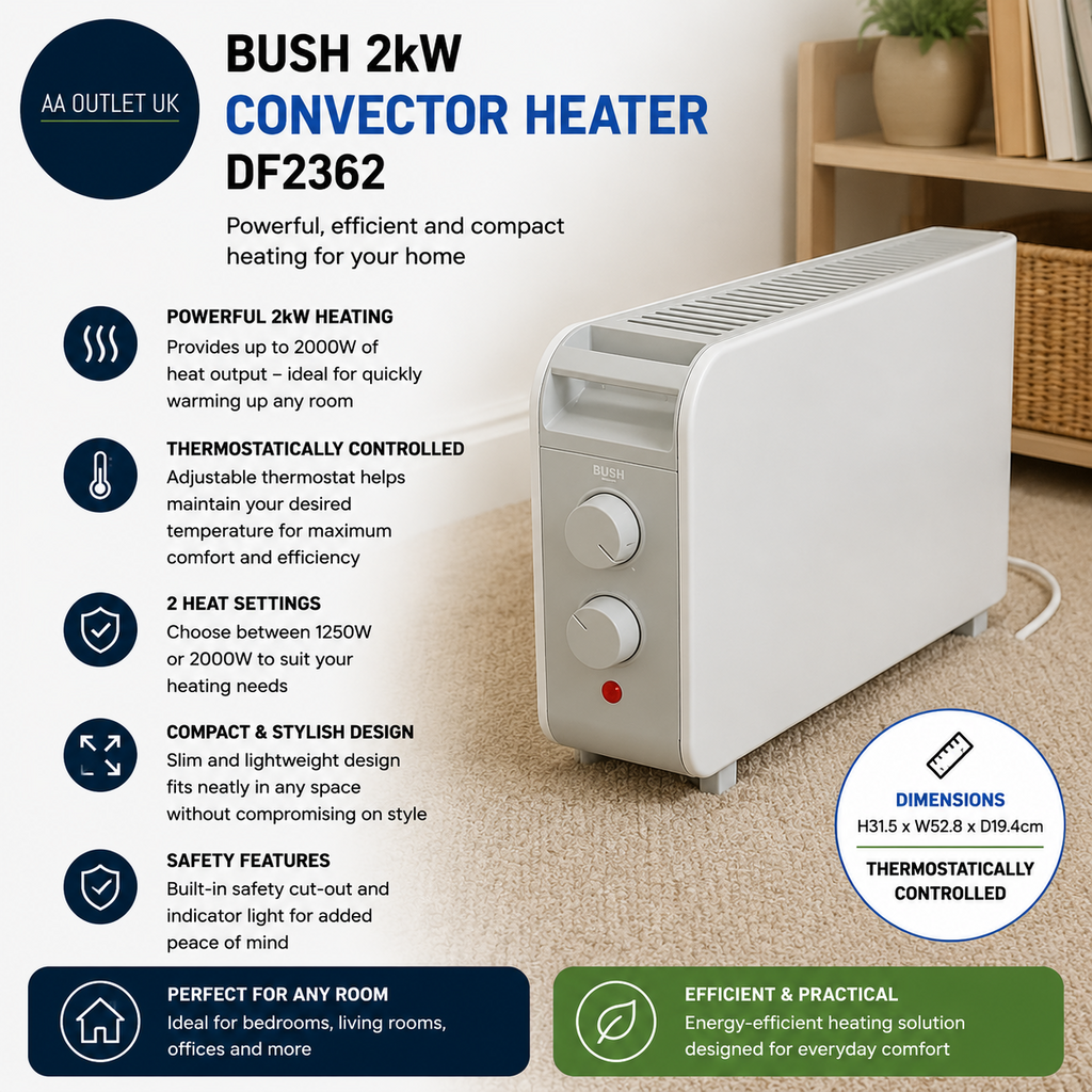 Bush 2000W Convector Heater DF2362 31.5x52.8x19.4cm Thermostatically Controlled