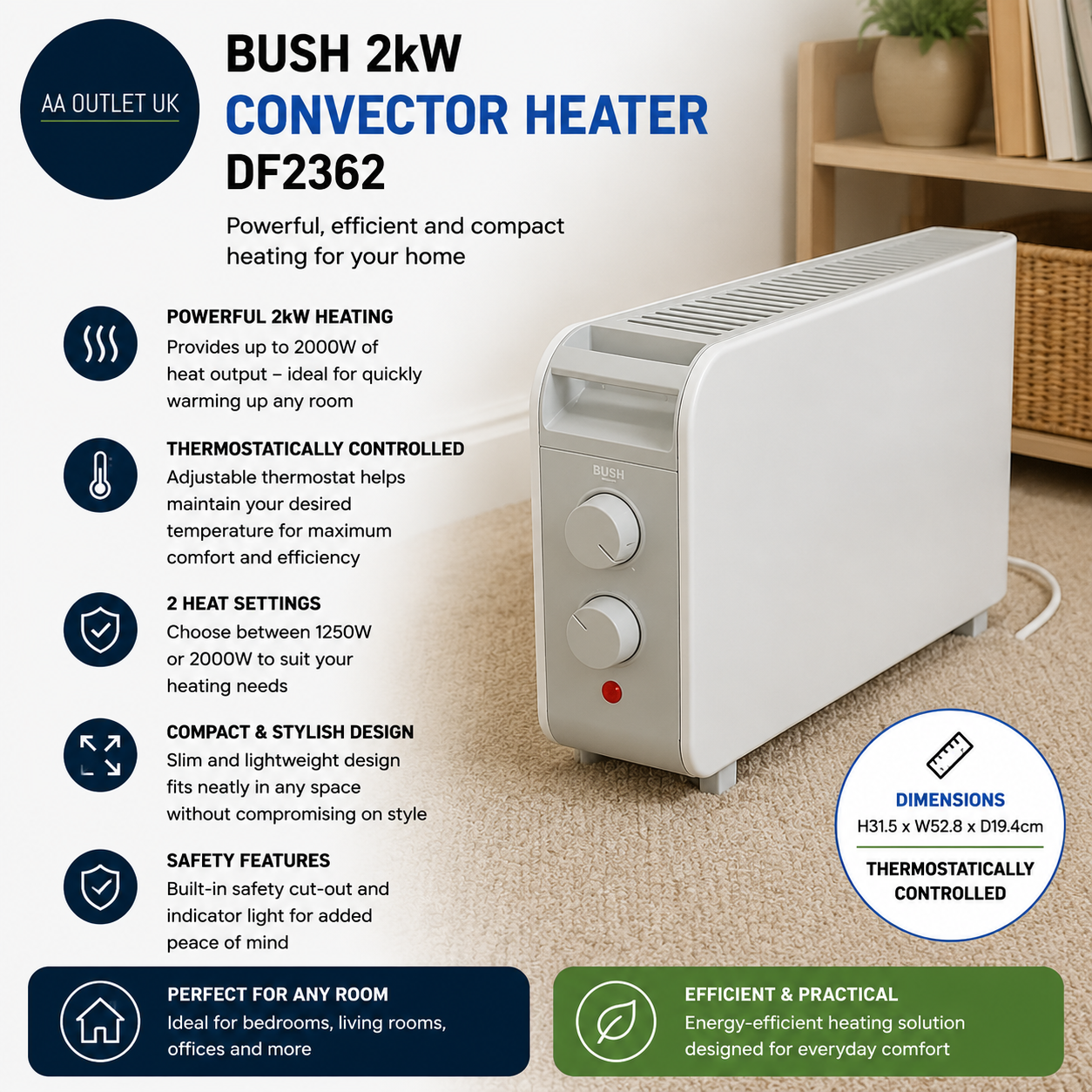 Bush 2000W Convector Heater DF2362 31.5x52.8x19.4cm Thermostatically Controlled
