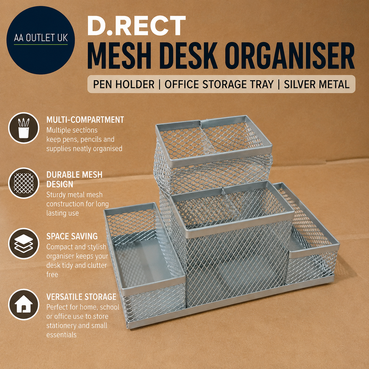 D.RECT Mesh Desk Organiser Pen Holder Office Storage Tray Silver Metal Design