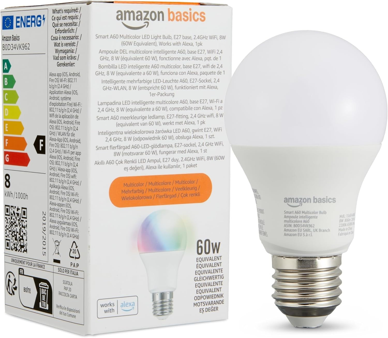 Amazon Basics Smart Multicolor LED Light Bulb E27 Base 8W 60W Equivalent New