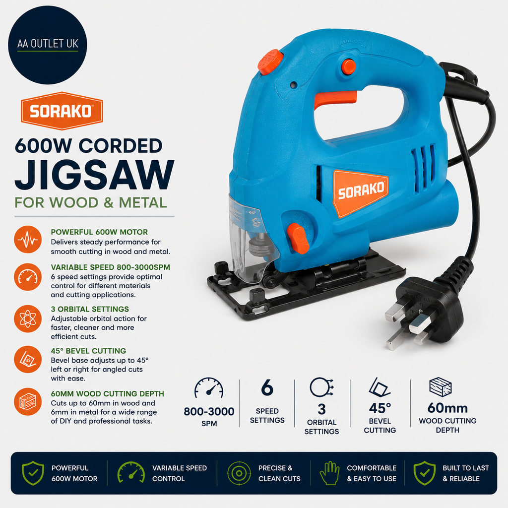 Sorako 600W Corded Jigsaw Wood Metal 800-3000SPM Electric 6 Speeds Orbital