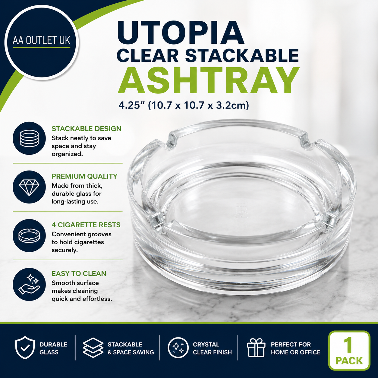 Utopia Clear Stackable Ashtray 4.25" Single 10.7x10.7x3.2cm 1 Pack