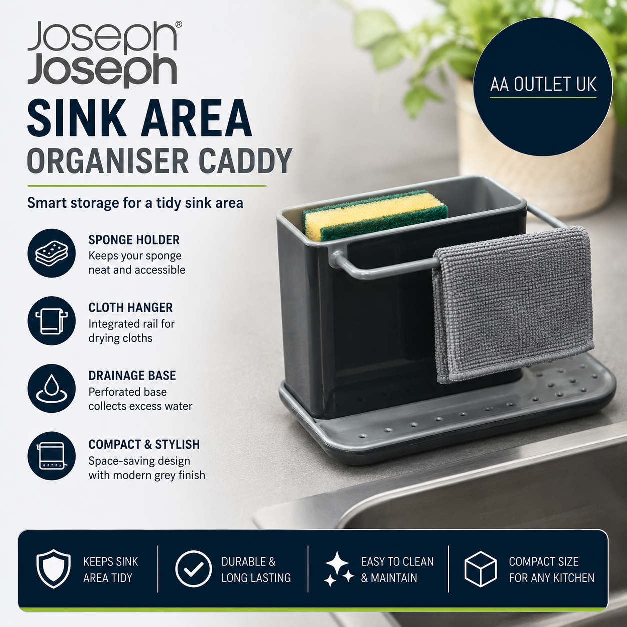 Joseph Joseph Caddy Kitchen Sink Area Organiser Sponge Holder Cloth Hanger Grey